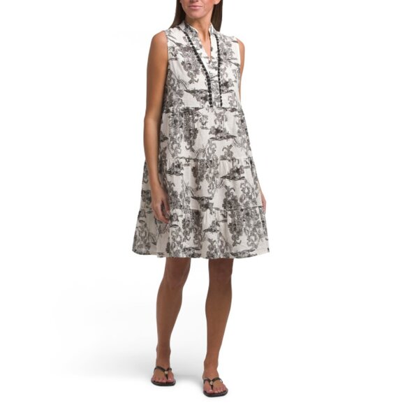FRANCESCA BETTI  Italy Linen Blend Sleeveless Toile Print Tiered Mini Dress - Picture 1 of 2